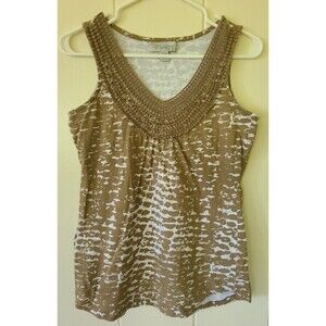 By Design Womens Sz S Tank Top Mocha Brown Animal Print w Crochet Neck